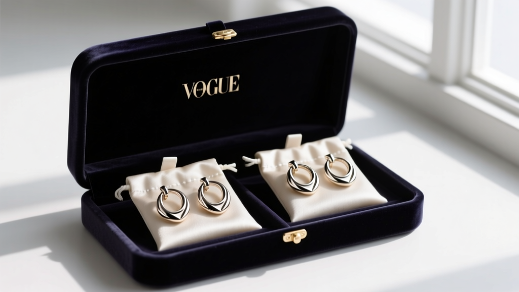 Velvet box displaying separated twist hoop earrings stored in individual anti-tarnish cloth pouches to prevent surface scratches