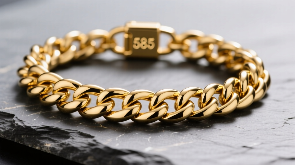 Close-up of a 14K gold Cuban link chain on slate, showing interlocking links and a 585 hallmark under bright studio lighting.