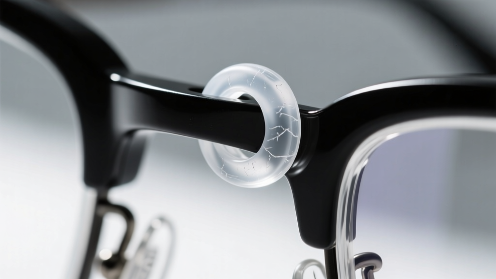 Extreme macro close-up of a clear silicone O-ring clasp securely gripping the temple tip of a matte black titanium eyeglass frame