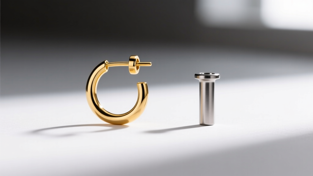 Side-by-side view of a 20-gauge gold ear wire and a 16-gauge titanium post, showing gauge thickness for sensitive earlobes