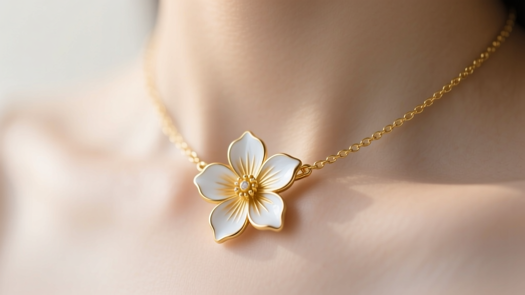 Close-up of a 14k gold vermeil flower necklace choker with white enamel petals on a collarbone, soft natural lighting.