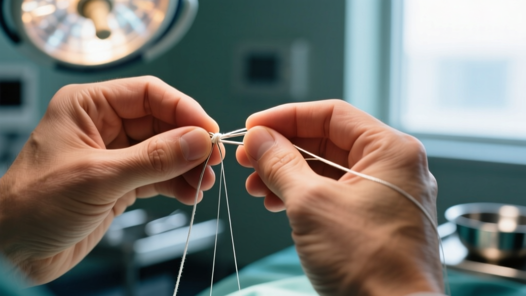 Macro shot of hands tying a secure surgeon
