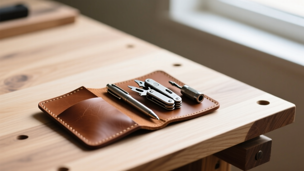 Handmade leather pocket slip organizer resting on a workbench, holding a multi-tool, pen, and bit driver securely in place