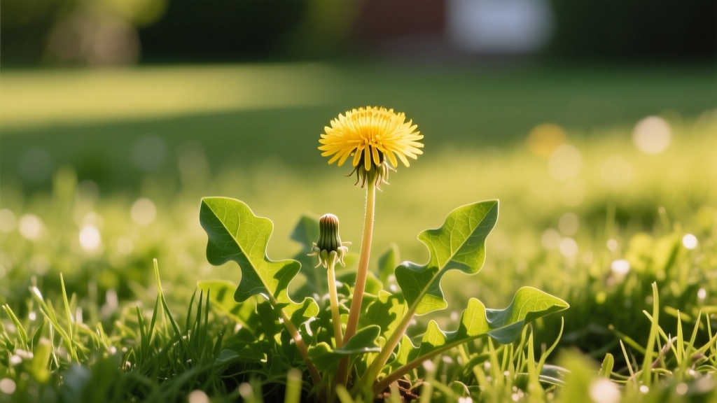 A golden dandelion flower and green leaves growing in a sunlit lawn