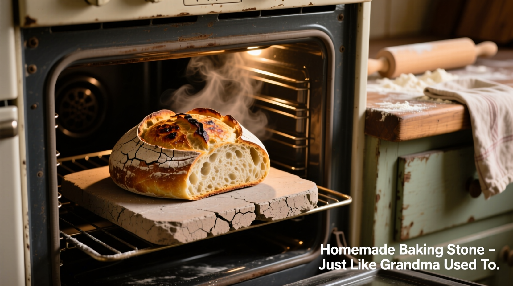 Homemade baking stone with bread in oven