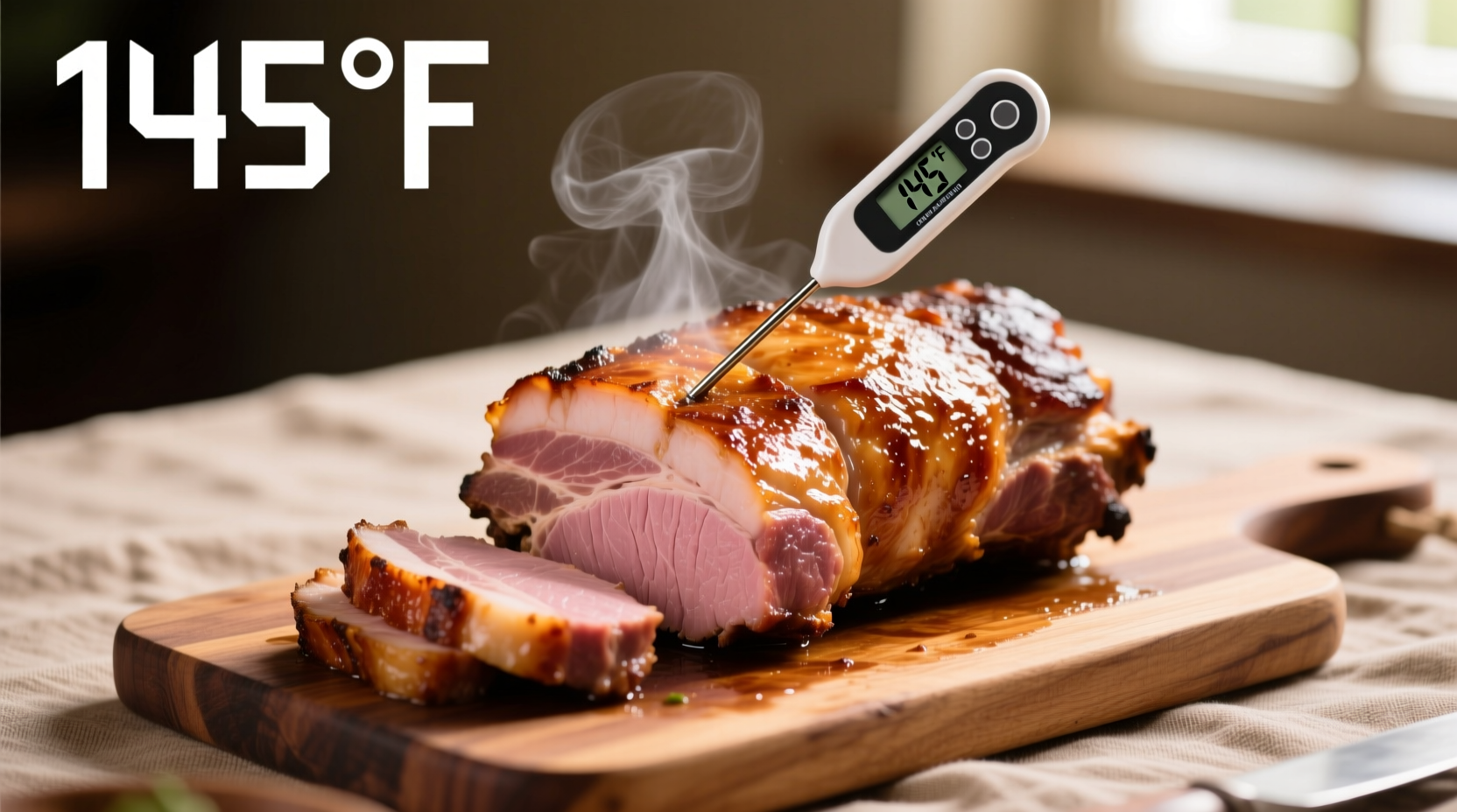 Perfectly cooked pork loin with thermometer reading