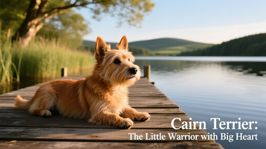 young cairn terrier lying on dock