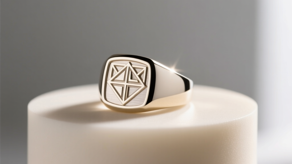 Solid 14k white gold architectural signet ring with a minimalist laser-engraved geometric crest resting on a model's index finger