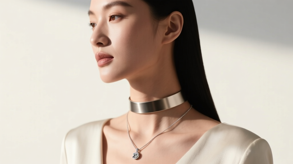 Close-up profile of a model wearing a 14-inch choker and 20-inch pendant necklace, highlighting a perfect two-inch length gap.