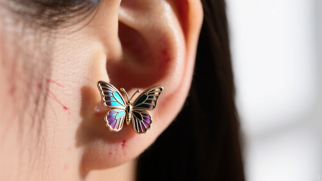Macro photo of a butterfly friction earring back pressing into the skin behind an ear lobe, showing slight redness and irritation