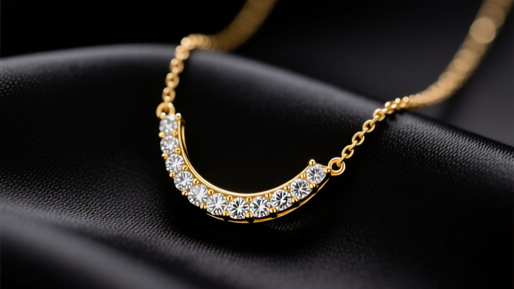 Macro shot of an 18k yellow gold smile diamond necklace on dark silk, highlighting a curved pave-set diamond pendant.