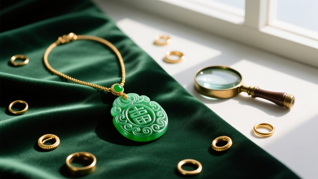 Flat lay of a vintage jade pendant necklace on dark green silk, surrounded by loose gold jump rings and a jeweler's brass loupe.