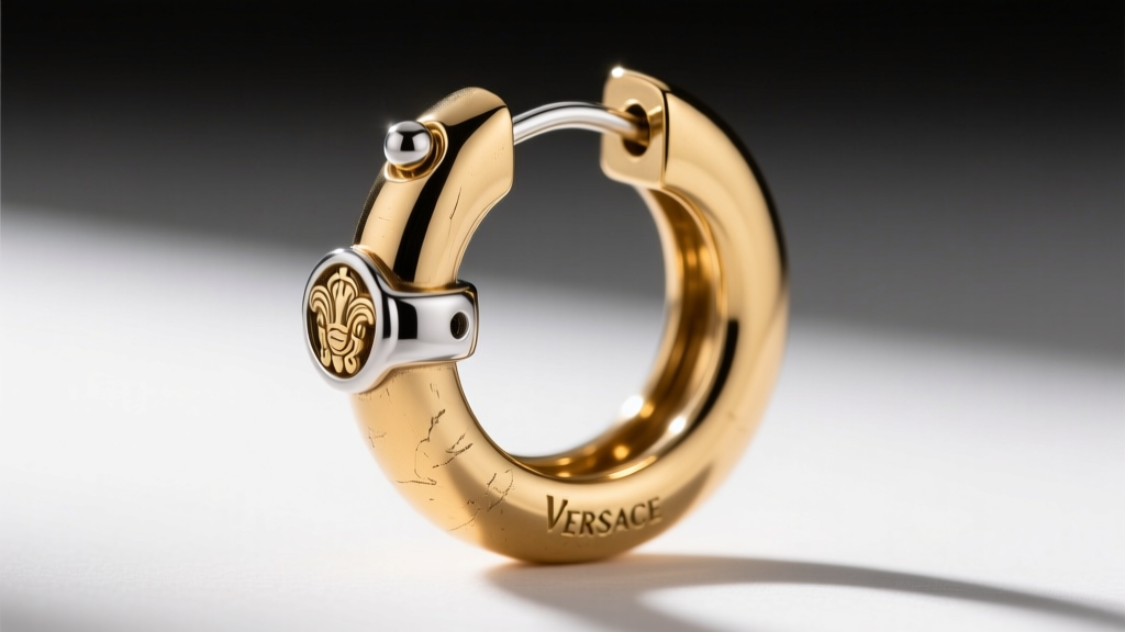 Close-up of a 16-gauge post on a heavy brass Versace hoop, showing the sturdy hinge joint and snap-barrel clasp in silver tone