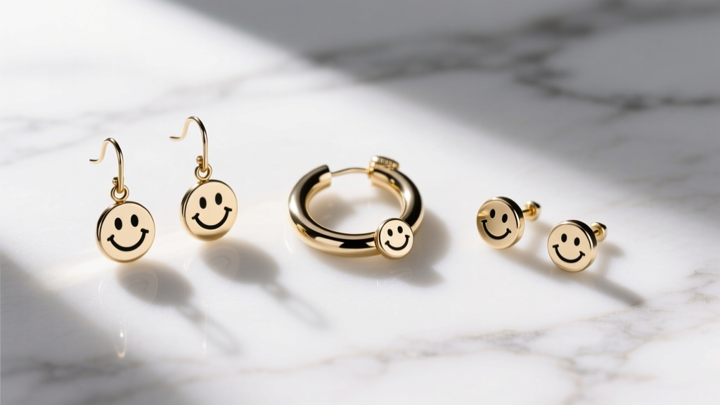 Flat lay of three happy face earring styles including a dangle, a huggie hoop, and a classic stud on a white marble surface.