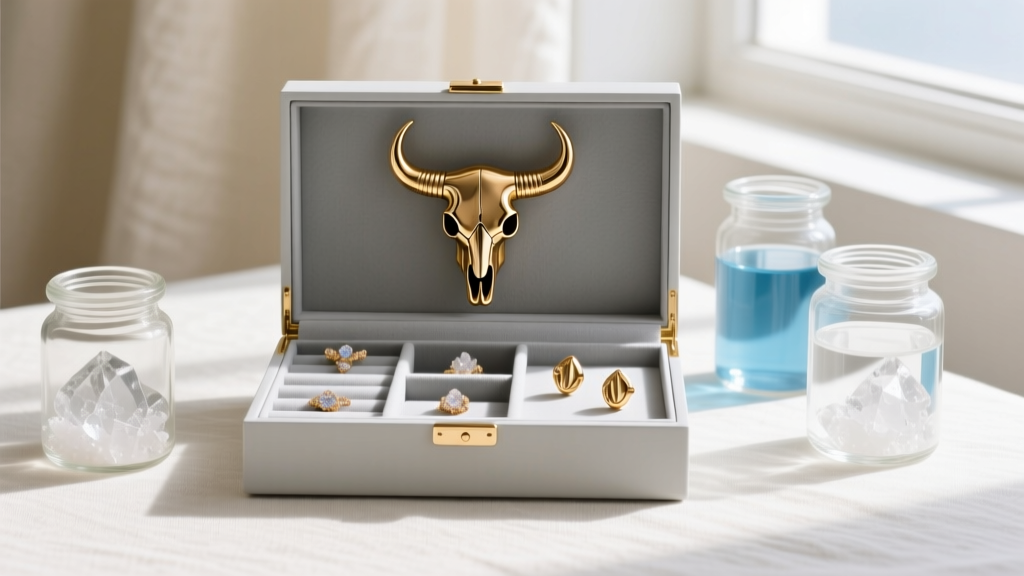 Flat lay of jewelry storage with anti-tarnish strips, glass jars of saline, and polished brass bull skull motif stud earrings.