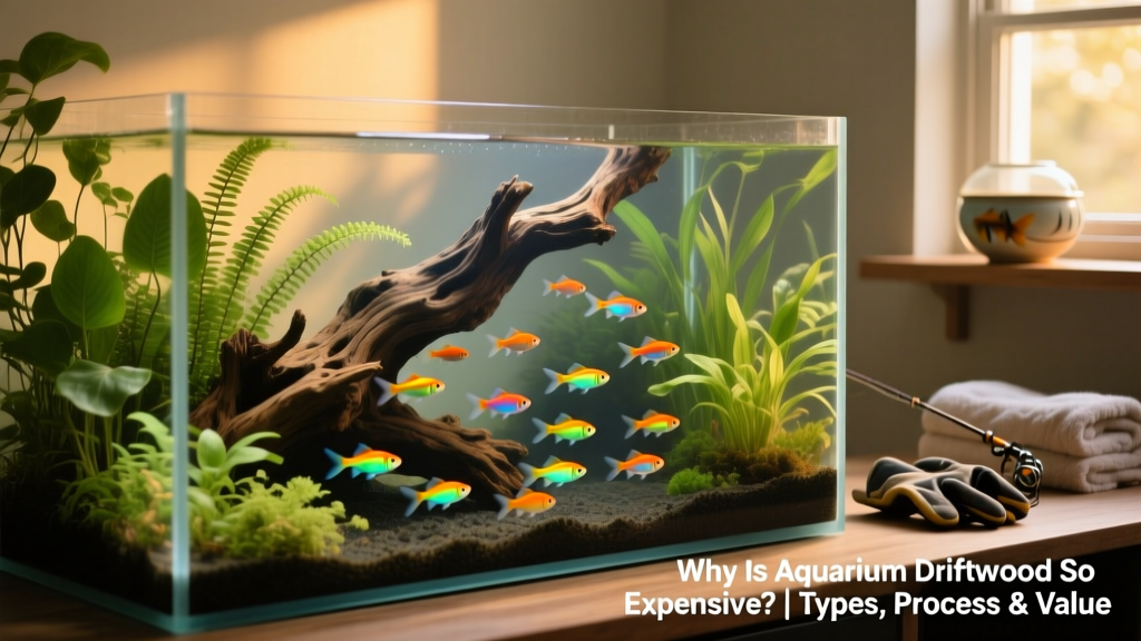 Finished aquarium layout featuring FurPetVo driftwood as centerpiece, surrounded by thriving plants and active tetras