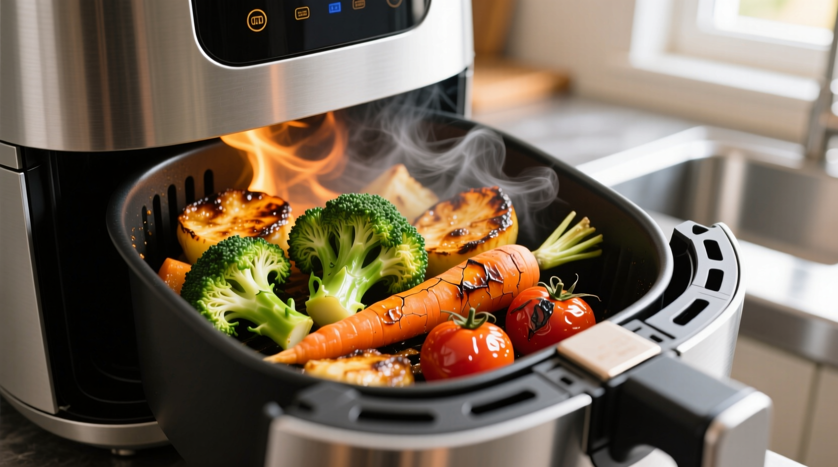 Air fryer cooking vegetables with crisp texture