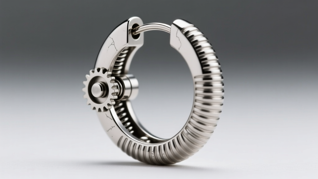 Extreme close-up of steel ribbed hoop earring hinge mechanism showing interlocking clicker parts and polished metal finish