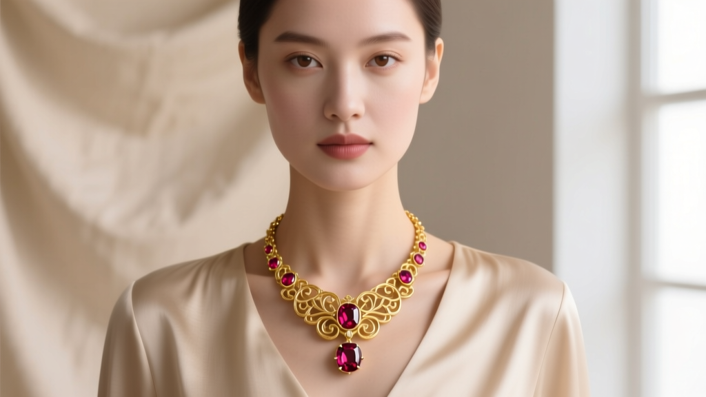 Elegant woman wearing an 18k yellow gold ruby pendant necklace, softly lit against a beige silk blouse, close-up portrait shot.