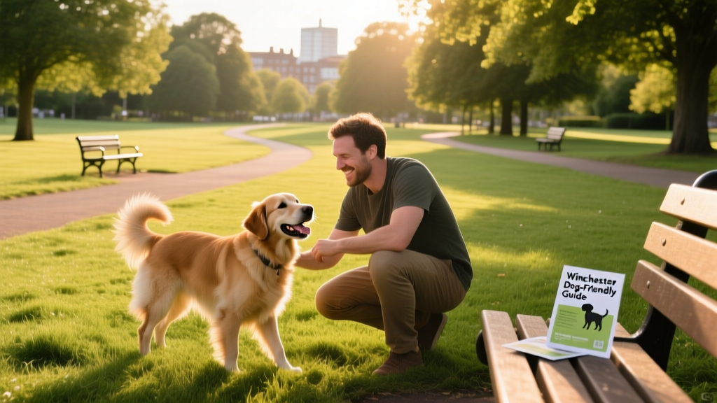 A pet parent and dog enjoying open green space in a dog-friendly park in Winchester.