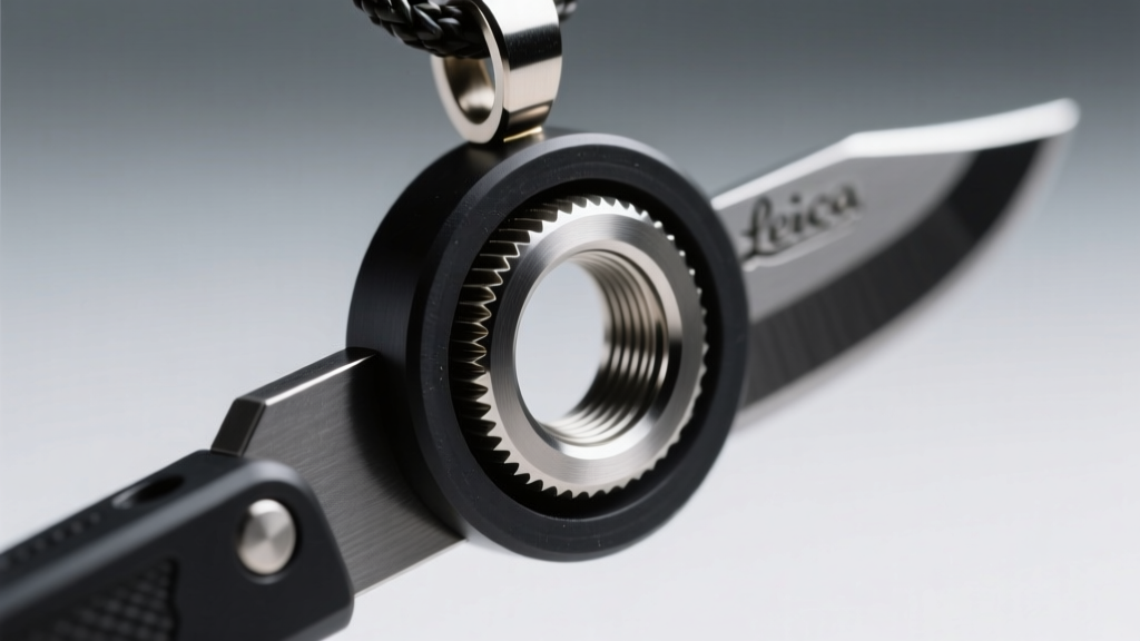 Macro shot of a threaded O-ring seal on a concealed blade pendant, highlighting precision machining and a black rubber gasket.