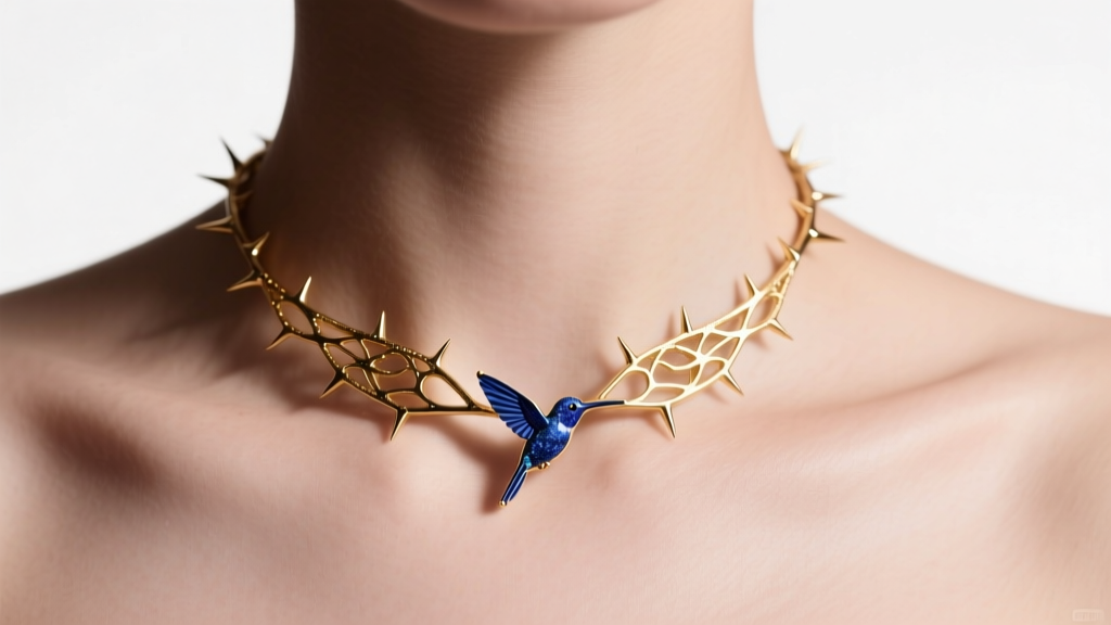 Elegant 18k gold thorn necklace resting on a collarbone with a tiny sapphire hummingbird pendant under soft studio lighting