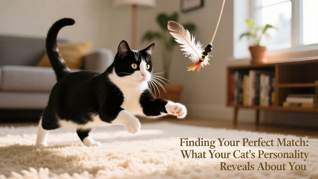 A playful black-and-white tuxedo cat mid-pounce, chasing a feather toy on a carpeted floor