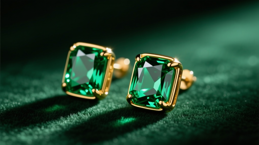 Macro shot of emerald cut emerald earrings in 18k gold bezels on dark green velvet under soft, moody directional lighting.