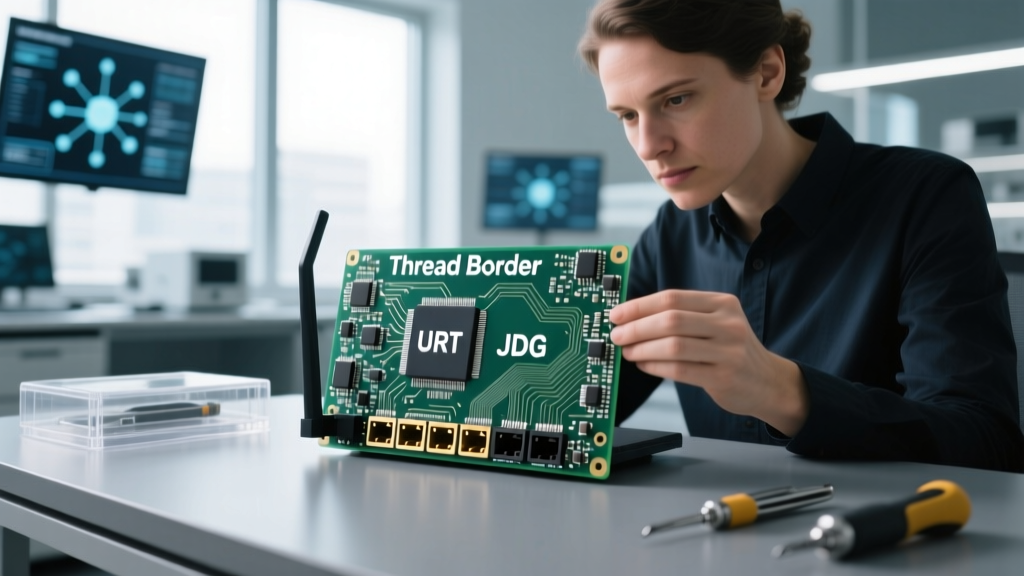 Security researcher examining a Thread border router circuit board with debug ports highlighted and labeled