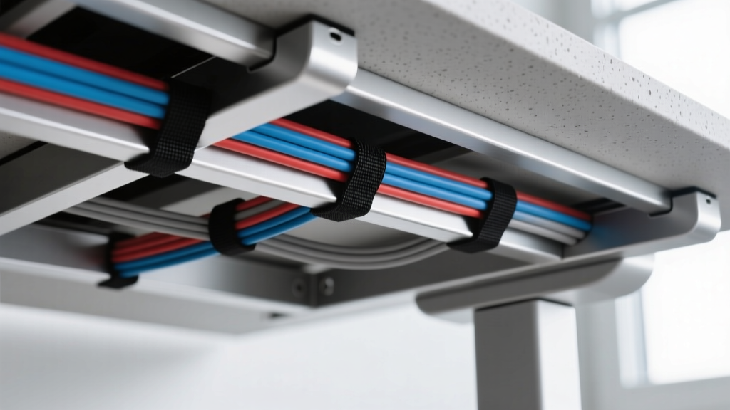 Underside of a standing desk showing neatly routed cables secured with adhesive aluminum cable channels and black velcro ties
