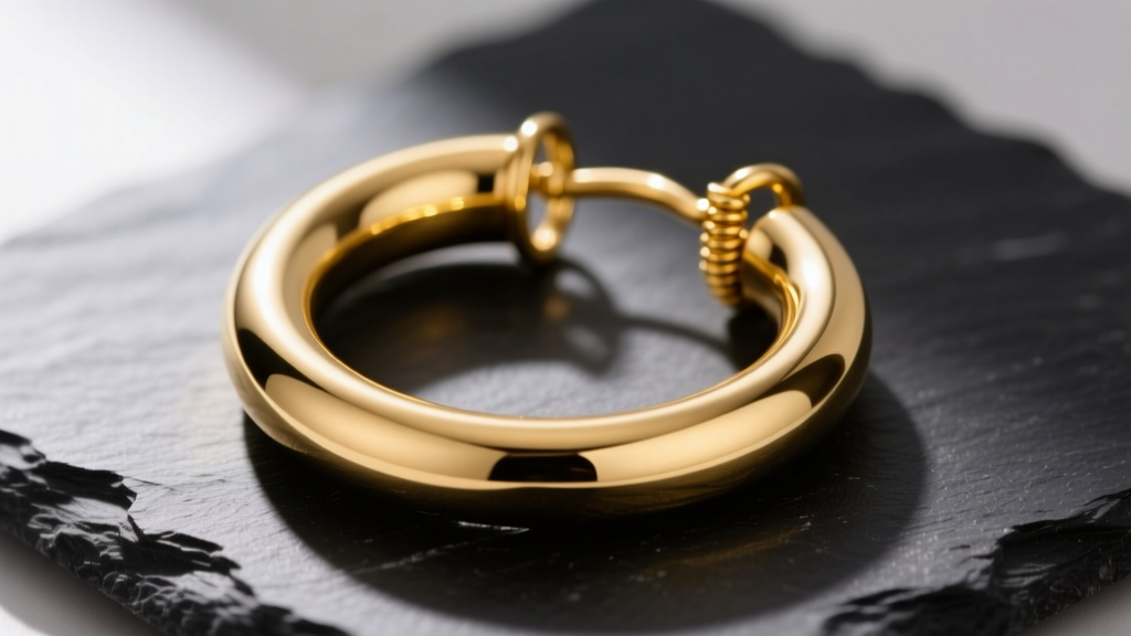 A 16-gauge yellow gold 60mm hoop earring on dark slate, focusing on the secure latch-back closure and smooth hollow tubing.