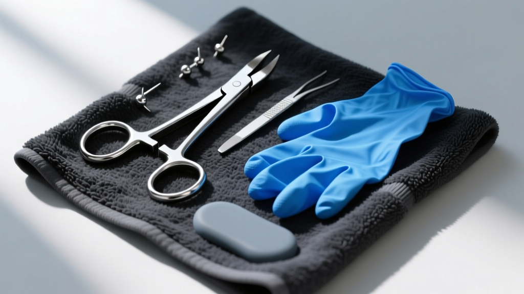 Flat lay of piercing tools including steel hemostats, blue nitrile gloves, and a silicone grip pad on a dark cotton towel.