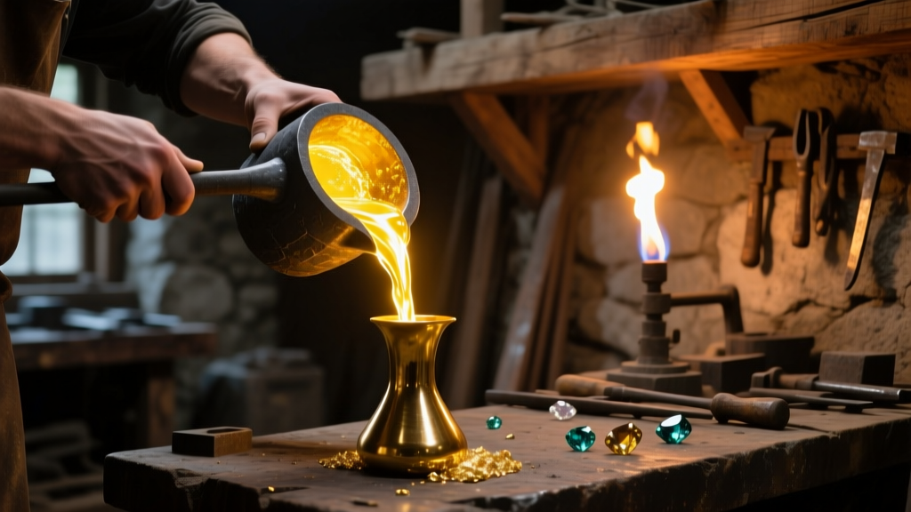 Hands pouring molten yellow gold from a graphite crucible into a casting flask, lit by warm torchlight in a small jewelry workshop.