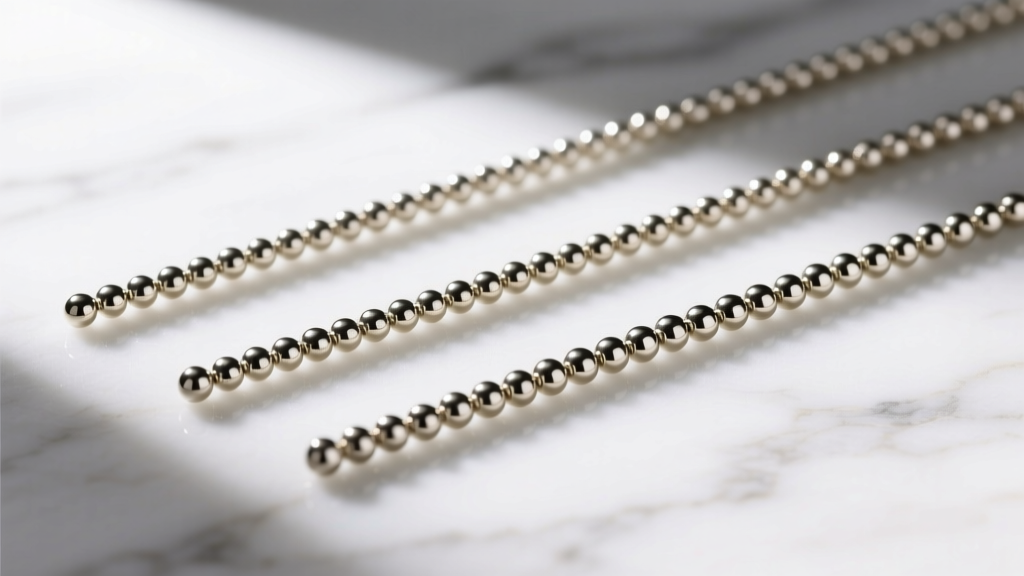 Three beaded ball chain sizes, 1.5mm, 3mm, and 5mm, laid on marble showing scale, link spacing, and bright light reflection.