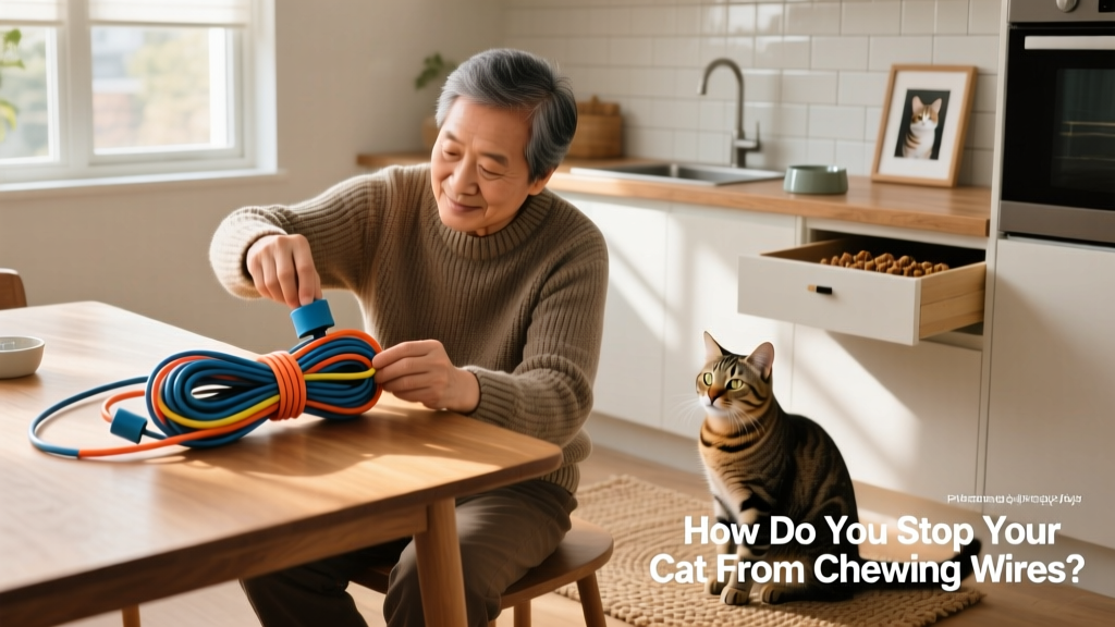 Cat owner using rubber cord protectors on a bundle of household wires