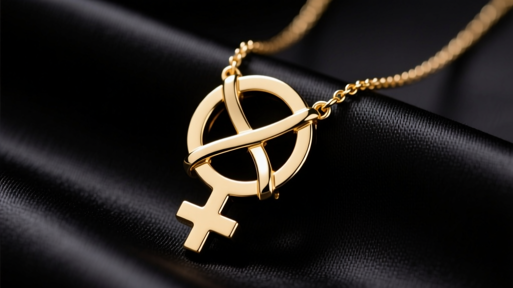 Close-up of a polished 14k gold female gender symbol necklace on dark silk, highlighting the Venus cross and circle.