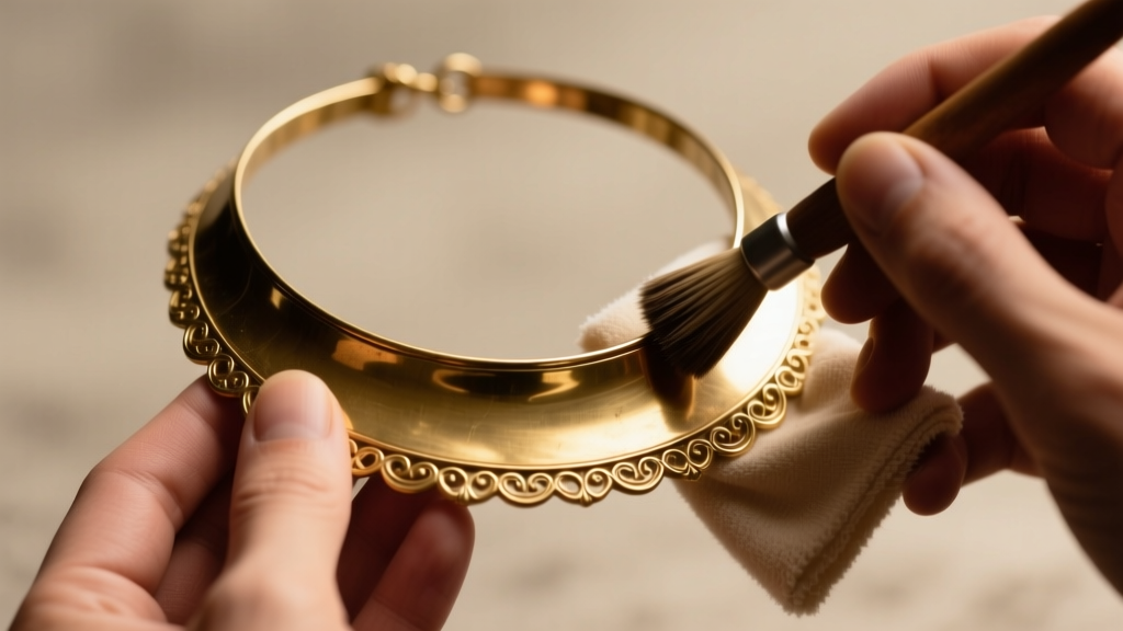 Hands buffing wide edge of brass gorget necklace with microfiber cloth, showing bright tarnish-free finish under warm light.