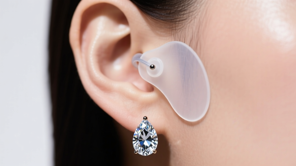 Transparent medical silicone earlobe support patch applied behind a heavy diamond drop earring on a female ear, clear macro focus