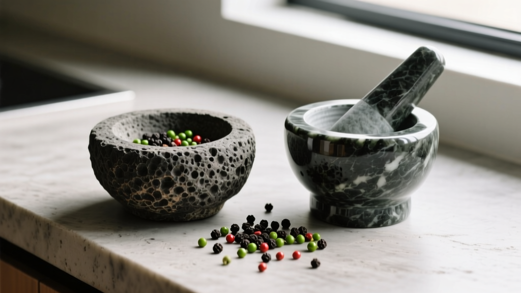 Close-up of a rugged volcanic basalt molcajete and smooth granite mortar sitting on a raw concrete countertop with scattered peppercorns