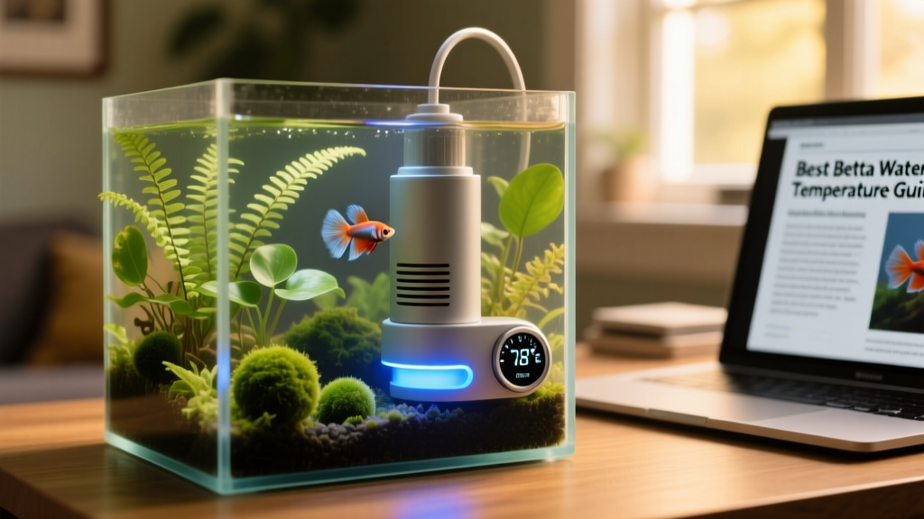 Close-up of a compact submersible aquarium heater installed in a small planted betta tank