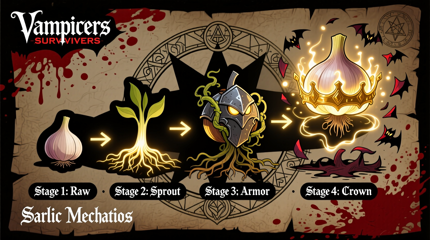 Vampire Survivors garlic evolution mechanics diagram