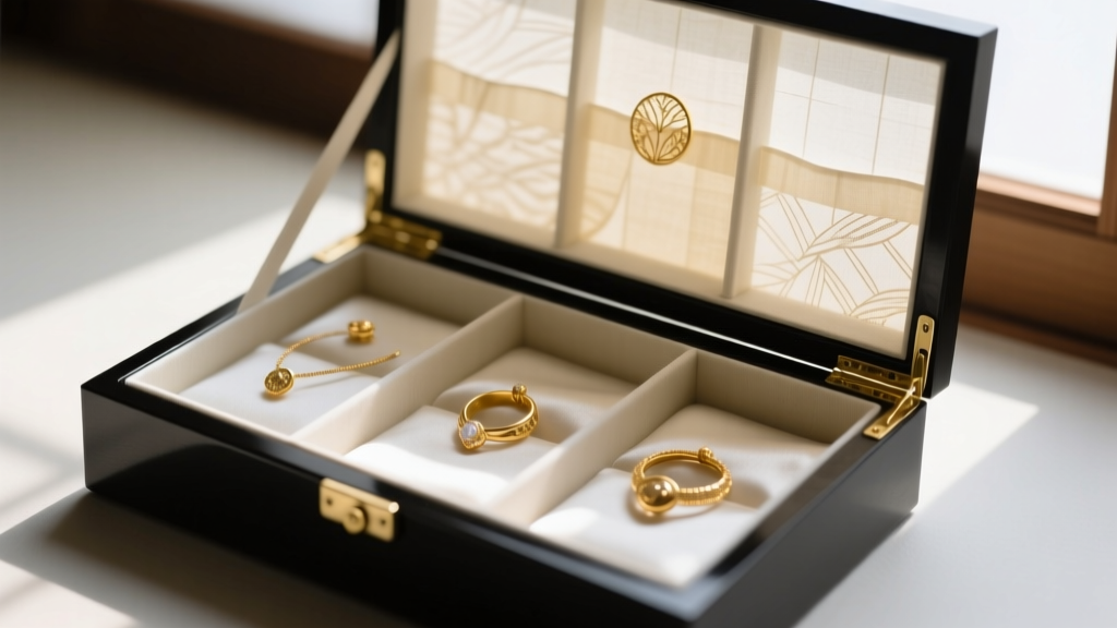 Open Japan jewelry box lined with Washi paper and raw silk partitions, protecting fine gold pieces in soft lighting.
