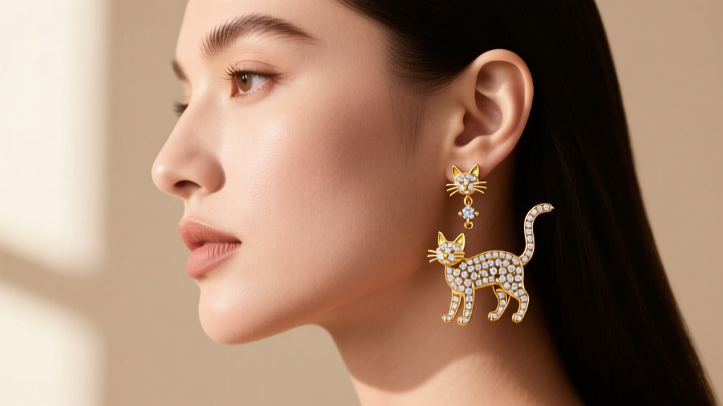 Side profile of a model wearing 18k gold articulated dangling cat earrings with pavé diamonds against a beige backdrop