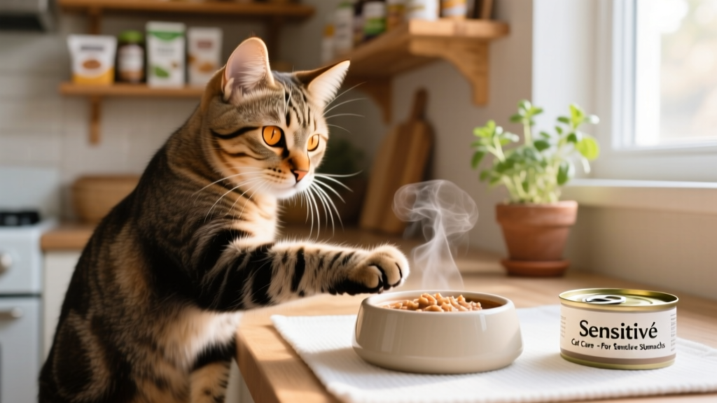 A cat gently pawing at their food bowl, looking curious but cautious