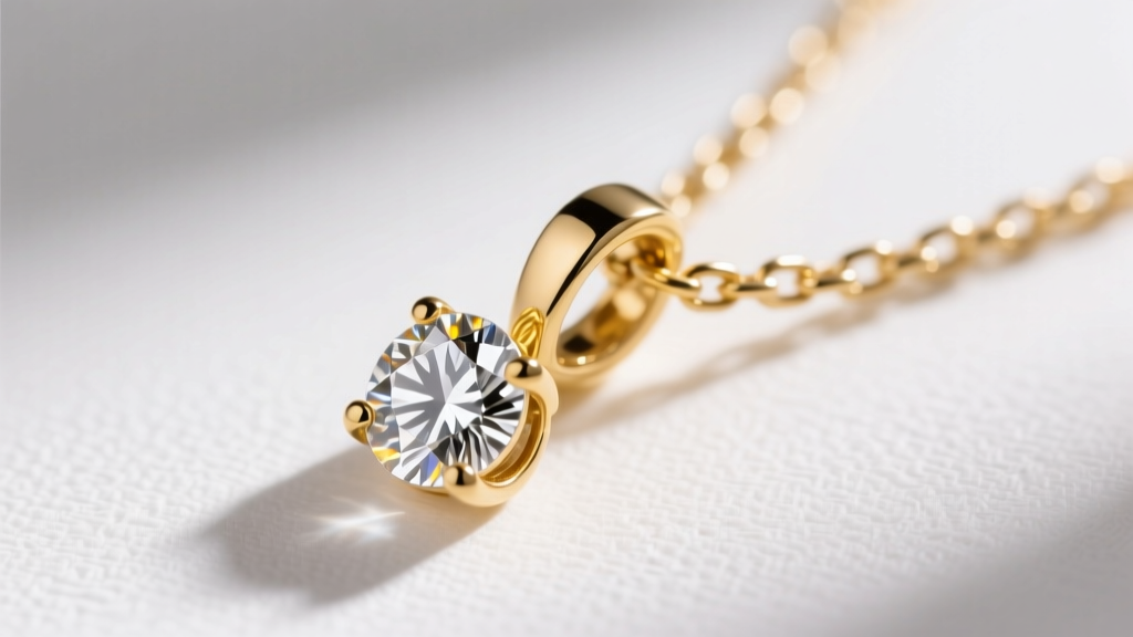 Macro photo of a 14k yellow gold fixed bail connecting a round brilliant diamond pendant to a 1.0mm box chain, sharp focus.