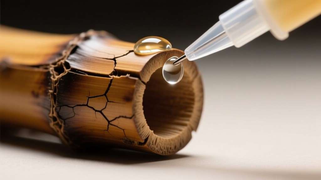 Macro photography of a cracked bamboo bead being repaired with a fine-tipped cyanoacrylate glue applicator under bright LED light.