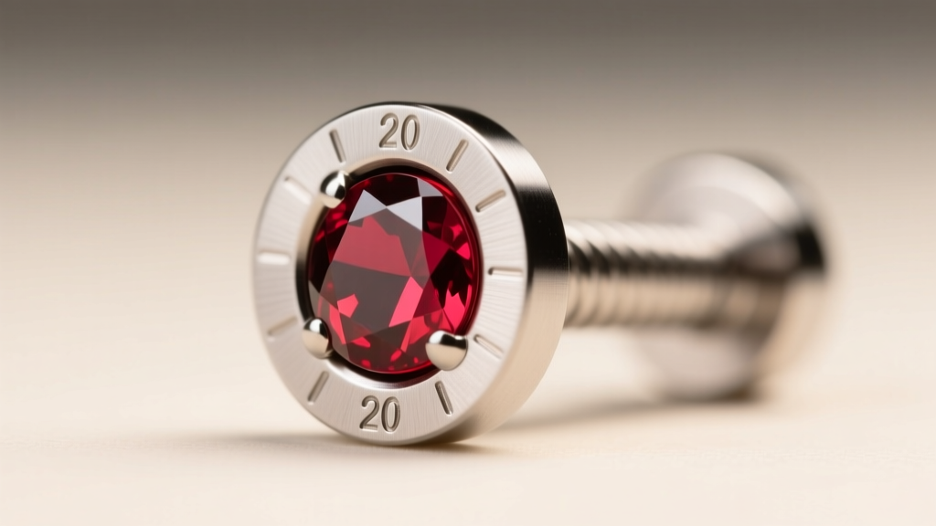 Macro shot of 20-gauge titanium flat-back labret stud with a 4mm ruby, highlighting the secure internal threading mechanism.