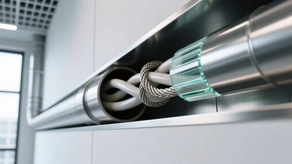 Close-up of cross-linked polyethylene and mica-glass composite electrical wiring cables being routed through a commercial building conduit