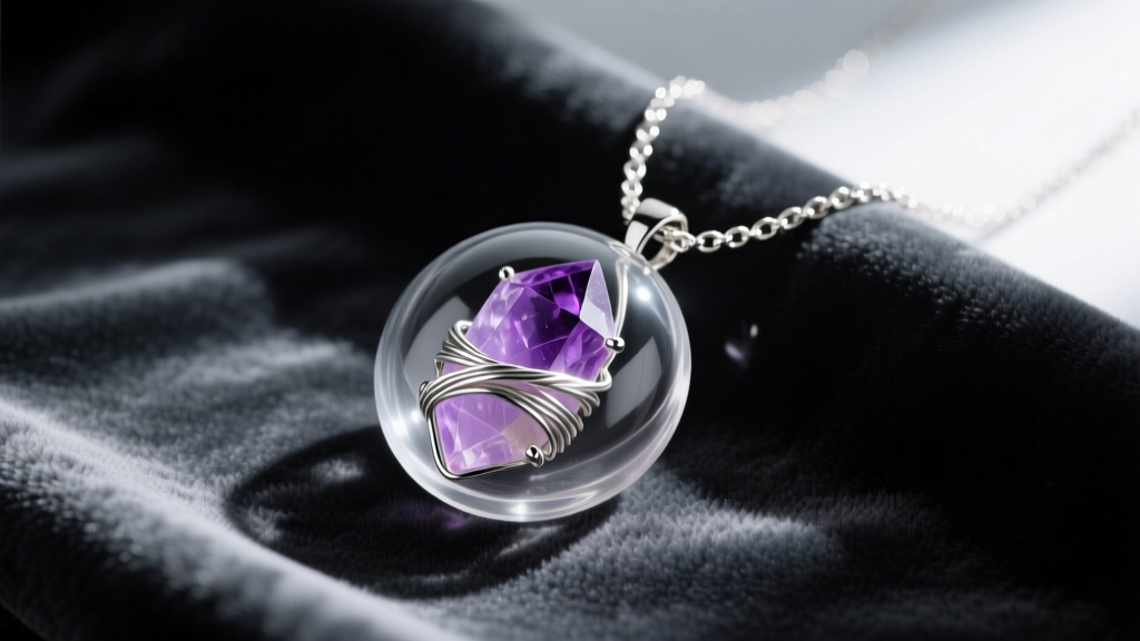 Hybrid pendant with wire-wrapped raw amethyst suspended in clear UV resin, resting on a silver chain against dark velvet fabric.
