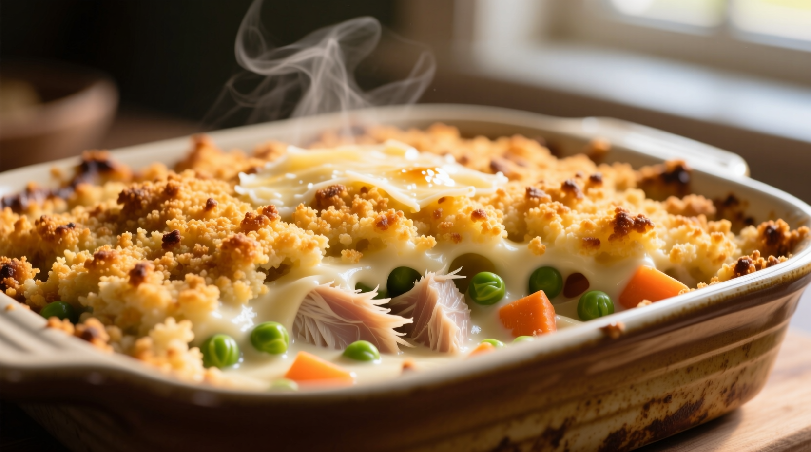 Golden baked tuna casserole with crispy breadcrumb topping